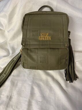 Steve Madden Olive Textured Logo Mini Backpack with Tassel